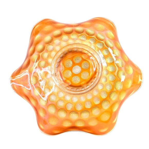 Vintage Ruffled Bowl Iridescent Marigold Carnival Glass with Raised Dot Pattern - Picture 7 of 10
